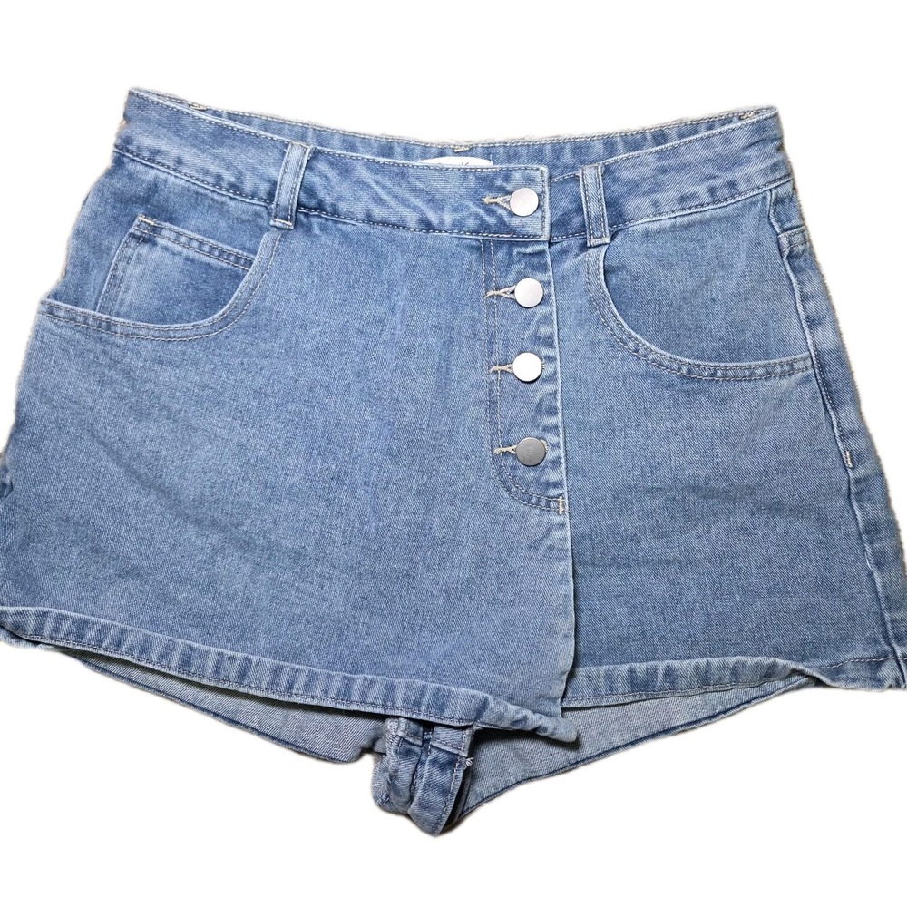 Denim Skort Blue Button Front Mini Skirt Shorts Womens L Casual Summer Y2K